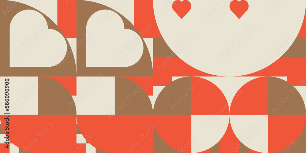 Poster Romantic vector abstract  geometric background with hearts, circles, rectangles and squares  in retro Scandinavian style. Pastel colored simple shapes graphic pattern. Abstract mosaic artwork.
