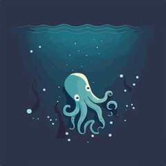 Fototapeta premium Squid with tentacles in deep sea. Underwater fish and sea creatures in natural habitat. Flat vector illustration concept