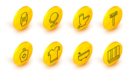 Set line Towel stack, Bathtub, T-shirt, Bottle of liquid antibacterial soap, Shaving razor, Toilet bowl, Round makeup mirror and Sanitary napkin icon. Vector