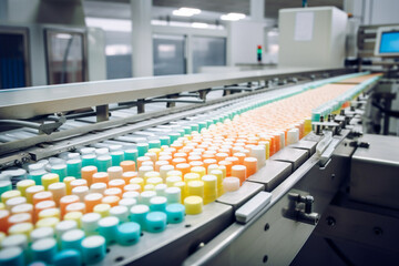 Obraz premium Pharmaceutical facility, where pills and medicine are moving along a conveyor belt. Ai generated