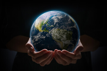 Daytime earth on young hands, earth day, energy saving concept, Elements of this image furnished by NASA. - obrazy, fototapety, plakaty