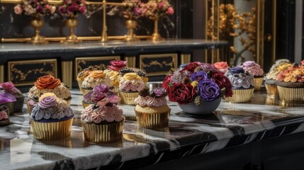 Fototapeta na wymiar Beautiful Luxury Vanilla Cup Cakes with Golden Leaf, Flowers, Decorations on Moody backdrop Background AI Generative