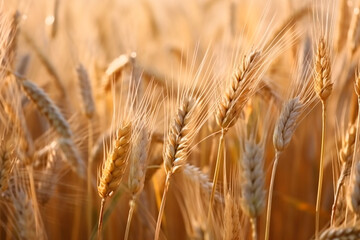 Fototapeta premium Wheat field. Ears of golden wheat close up. Beautiful Rural Scenery under Shining Sunlight and blue sky. Background of ripening ears of meadow wheat field. Generative AI.
