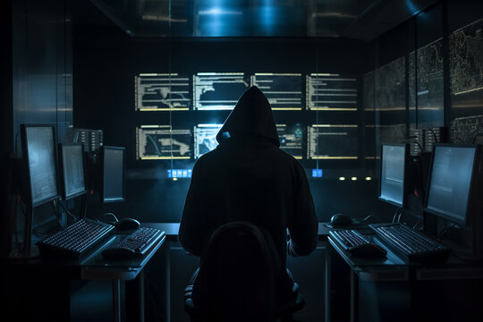 Hacker dressed in a hoodie, sitting in a dark room surrounded by monitors, coding malicious software. Ai generated