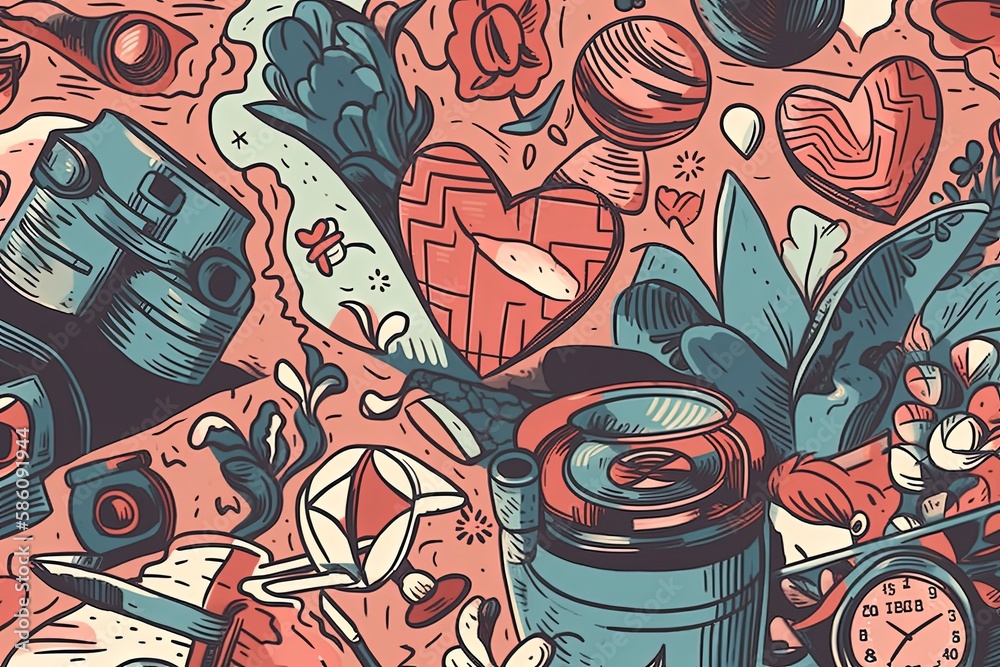 Poster illustration of various objects arranged around a clock face created with generative ai technology