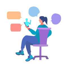 AI（人工知能）とスマートフォンを使って話す女性。フラットなベクターイラスト。
A woman using AI (Artificial Intelligence) and a smartphone to talk. Flat designed vector illustration.