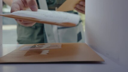 Postal service worker placing three envelopes into a mailbox. POV close-up shot from inside of the mailbox