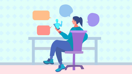 AI（人工知能）とスマートフォンを使って話す女性。フラットなベクター背景イラスト。
A woman using AI (Artificial Intelligence) and a smartphone to talk. Flat designed vector background illustration.