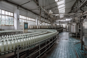 Fototapeta premium Scene from a milk factory, where milk bottles are moving along a conveyor belt. Ai generated