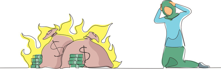 Single one line drawing upset Arabian businesswoman kneeling. Finances burning up. Global financial crisis, inflation. Bankruptcy. Inability to do business and pay bills. Continuous line design vector