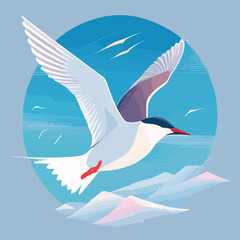 Arctic tern in arctic skies. Arctic birds in natural habitat. Flat vector illustration concept. Generative AI