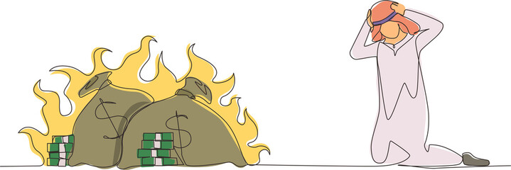 Continuous one line drawing upset Arab businessman kneeling. Finances burning up. Global financial crisis, inflation. Bankruptcy. Inability to do business and pay bills. Single line draw design vector