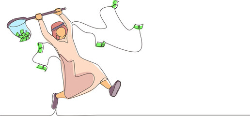 Continuous one line drawing Arab businessman trying to catch flying money with butterfly net. Running entrepreneur man using business opportunity to scoop dollar bills. Single line draw design vector