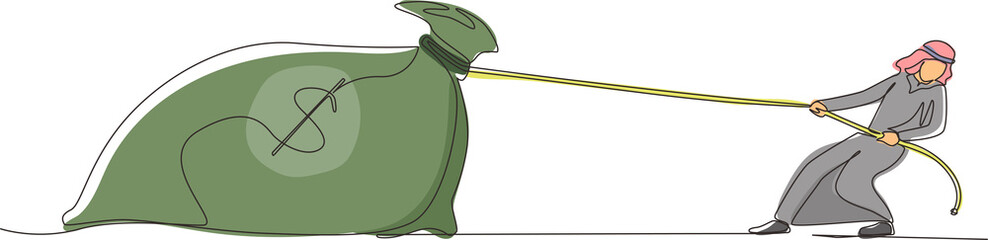 Continuous one line drawing Arabian businessman is struggling to pull big bag of money because it is too heavy. Corporate competition or business challenge. Single line draw design vector illustration