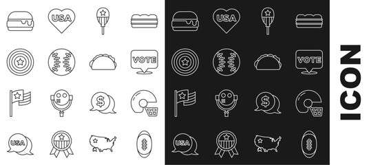 Set line American Football ball, football helmet, Vote, Balloons, Baseball, star shield, Burger and Taco with tortilla icon. Vector