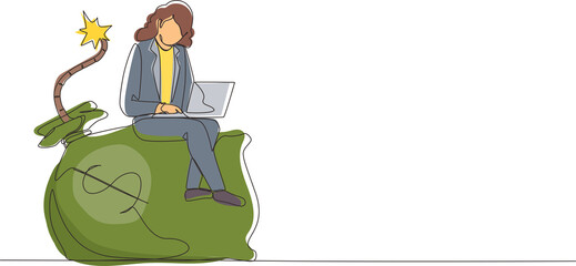 Continuous one line drawing businesswoman sitting on huge bomb with burning fuse and money bag. Financial problems, taxation burden or business debt, deadline. Single line draw design vector graphic