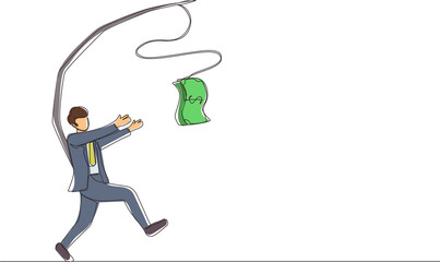 Single one line drawing greedy businessman or manager is running after money. Greedy man in business suit with attached rod and dollar. Modern continuous line draw design graphic vector illustration