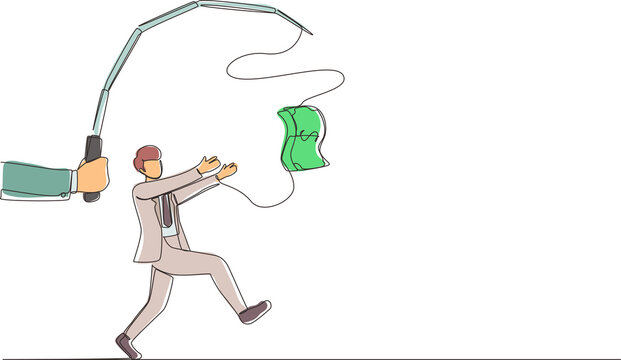 recommend clip art: Single continuous line drawing hand with fishing pole and dollar cash control greedy businessman under hypnosis. Man running after dangling dollar and trying to catch it. One line draw design vector
