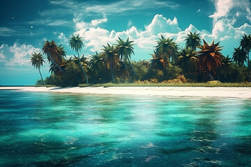 Fototapeta na wymiar Exotic paradise, with lush palm trees, pristine white sands, and crystal-clear turquoise waters. Ai generated