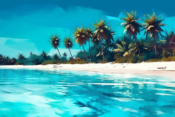 Obraz na płótnie Canvas Exotic paradise, with lush palm trees, pristine white sands, and crystal-clear turquoise waters. Ai generated