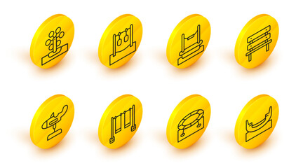 Set line Boat swing, Jumping trampoline, Double, Swing plane, Bench, Bungee, Gymnastic rings and Ferris wheel icon. Vector