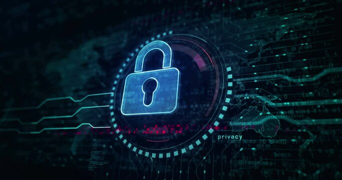 Cyber security and digital computer protection with padlock symbol abstract digital concept. Global network and cyber technology background seamless and looped 3d animation.