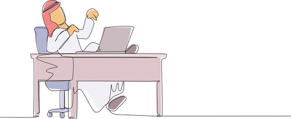 Single continuous line drawing Arabian businessman laughing out loud while pointing his finger at laptop. Happiness, business success, win, leader, development concept. One line graphic design vector