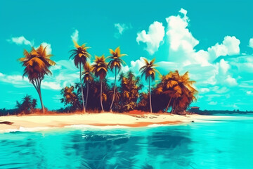 Fototapeta na wymiar Exotic paradise, with lush palm trees, pristine white sands, and crystal-clear turquoise waters. Ai generated