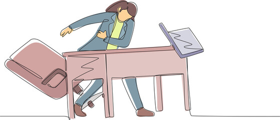 Single one line drawing frustrated and furious young businesswoman is angry and throwing laptop. Bad workplace emotions. Stress at work. Modern continuous line draw design graphic vector illustration