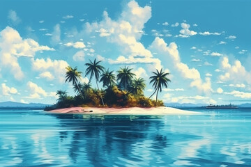 Exotic paradise, with lush palm trees, pristine white sands, and crystal-clear turquoise waters. Ai generated