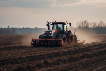 Fototapeta premium Tractor driving across large field making special beds for sowing seeds into purified soil. Agricultural vehicle works in the countryside. Ai generated
