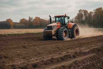 Obraz premium Tractor driving across large field making special beds for sowing seeds into purified soil. Agricultural vehicle works in the countryside. Ai generated