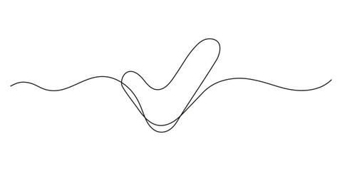 Obraz premium Tick, check mark continuous one line drawing. Approved and verification icon. Selection, control, choice right. Vector illustration