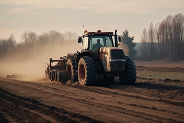Obraz premium Tractor driving across large field making special beds for sowing seeds into purified soil. Agricultural vehicle works in the countryside. Ai generated