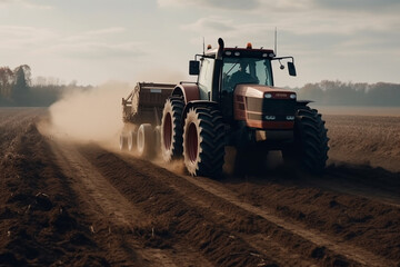 Fototapeta premium Tractor driving across large field making special beds for sowing seeds into purified soil. Agricultural vehicle works in the countryside. Ai generated