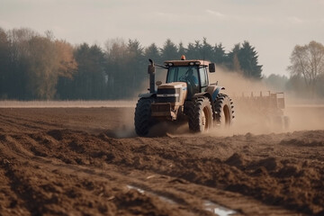 Obraz premium Tractor driving across large field making special beds for sowing seeds into purified soil. Agricultural vehicle works in the countryside. Ai generated