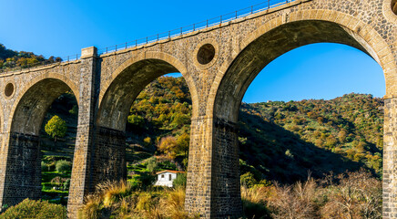 Fototapeta na wymiar nice old vintage bridge with big arcs and columns among nature with green garneds and blue sky , european old concept landscape