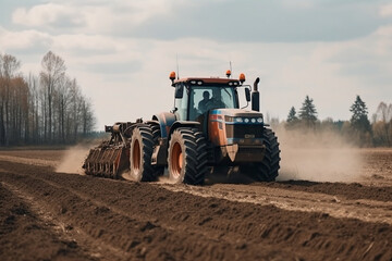 Fototapeta premium Tractor driving across large field making special beds for sowing seeds into purified soil. Agricultural vehicle works in the countryside. Ai generated
