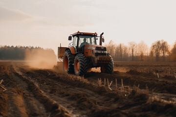 Tractor driving across large field making special beds for sowing seeds into purified soil. Agricultural vehicle works in the countryside. Ai generated