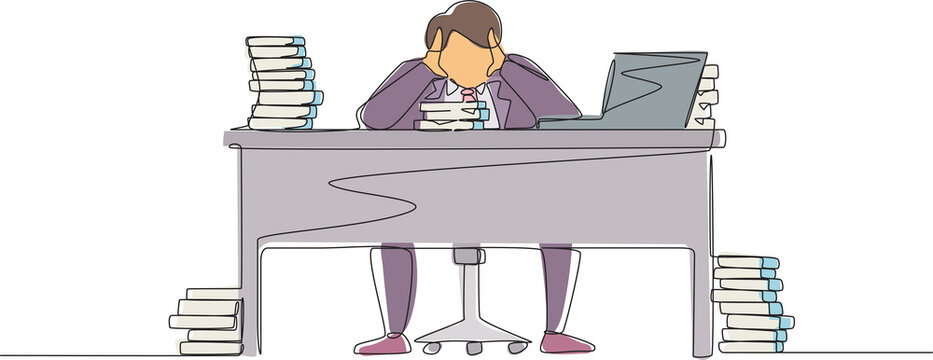 recommend clip art: Single one line drawing stressed businessman throwing tantrum in office holding his hands to his head shouting while seated at desk surrounded by files. Continuous line draw design graphic vector