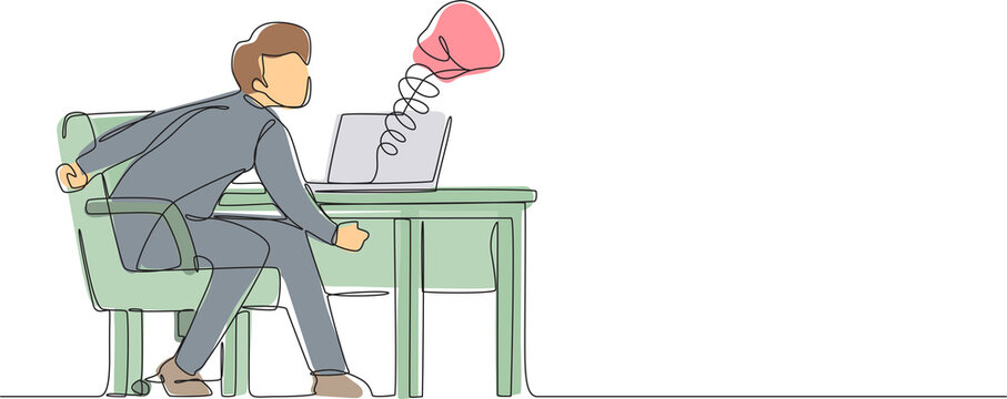 recommend clip art: Single continuous line drawing sad man using social media and being punched by boxing gloves from computer laptop. Cyber bullying, online harassment using social media. One line graphic design vector