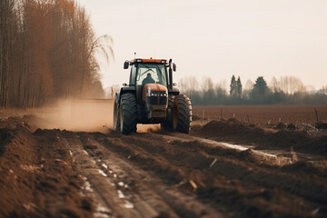 Fototapeta premium Tractor driving across large field making special beds for sowing seeds into purified soil. Agricultural vehicle works in the countryside. Ai generated