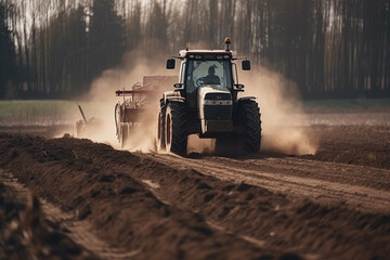 Tractor driving across large field making special beds for sowing seeds into purified soil. Agricultural vehicle works in the countryside. Ai generated