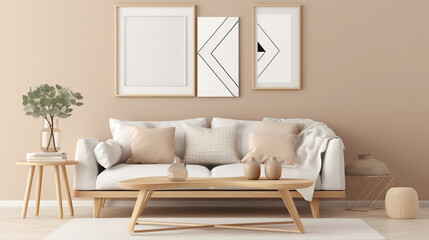 sand colored couch in a room, with same colored furniture