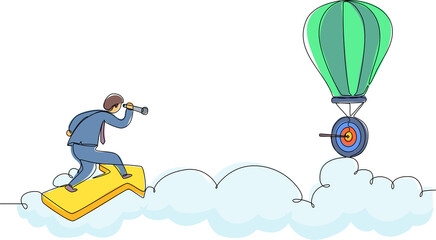 Single one line drawing male employee fly on arrow and using monocular to see business vision on hot air balloon. Business finance goal concept. Continuous line draw design graphic vector illustration