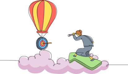 Continuous one line drawing female manager riding forward arrow and using monocular to see business vision on hot air balloon. Professional businesswoman. Single line draw design vector illustration