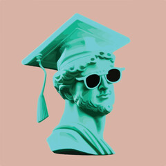 Antique statue with graduation cap on the head. Concept for happy graduation poster or card template design. Flat vector illustration. Generative AI