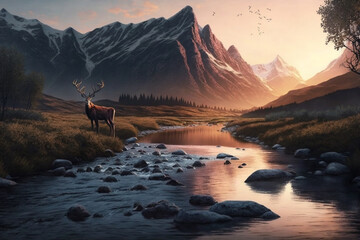 Fototapeta na wymiar Breathtaking mountain landscape at sunset, with a deer standing in a river. It's a moment of serenity and beauty in the wild, where nature's majesty is on full display. Ai generated
