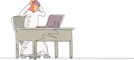 Single one line drawing scary frustrated frightened Arabian businessman clerk manager stands at laptop, holding head. Office overload, mental stress. Continuous line design graphic vector illustration