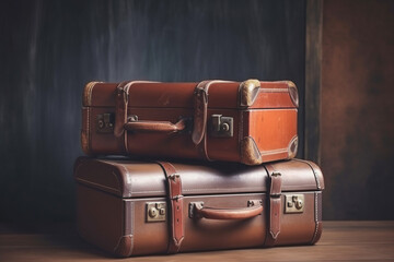 Vintage old classic travel leather suitcases on background. 90's concepts. Vintage style filtered photo.